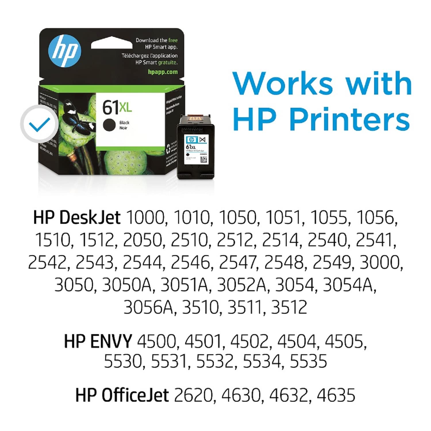 HP 61XL Black High-yield Ink | Works with DeskJet 1000, 1010, 1050, 1510, 2050, 2510, 2540, 3000, 3050, 3510; ENVY 4500, 5530; OfficeJet 2620, 4630 Series | Eligible for Instant Ink | CH563WN