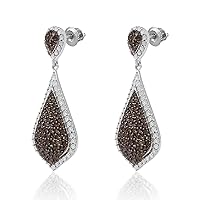 2.67 Cttw Round Cut White and Brown Natural Diamond Drop Dangle Earrings Sterling Silver Screw Back
