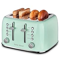Toaster 4 Slice, Roter Mond Retro Stainless Steel Toaster with Extra Wide Slots Bagel, Defrost, Reheat Function, Dual Independent Control Panel, Removable Crumb Tray, 6 Browning Levels, Aqua Green