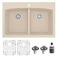 Karran QT-710 Drop-in Quartz Composite 33 in. 1-Hole 50/50 Double Bowl Kitchen Sink Kit in Bisque