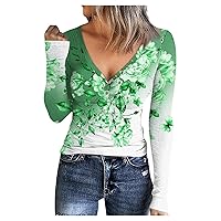 V Neck T Shirts for Women Long Sleeve Ribbed Shirts Button Henley Shirt Casual Vintage Slim Fit Tops Teen Outfit