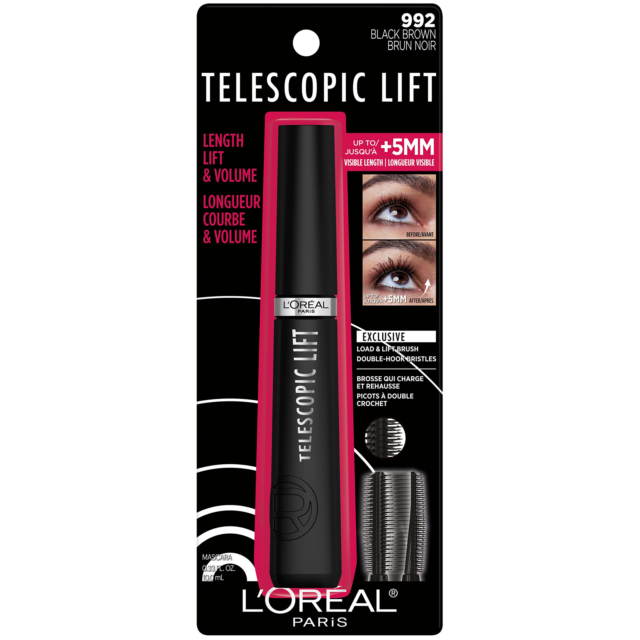 L’Oréal Paris Telescopic Lift Washable Mascara, Lengthening and Volumizing Eye Makeup, Lash Lift with Up to 36HR Wear, Black Brown, 0.33 Fl Oz