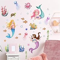 Mermaid Wall Stickers Ocean Fish Wall Decals Jellyfish Coral Under The Sea Animals Wallpaper Girls Bedroom Bathroom Wall Decor DIY Peel and Stick Removable Waterproof Wall Decoration Art