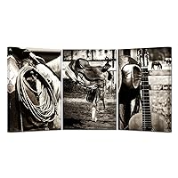 3 Pieces Retro Canvas Prints American West Rodeo Cowboy Wall Art Painting Brown Straw Hat on Leather Rancher Roper Boots and Guitar Picture on Canvas Artwork for Home Office 16x24inchx3pcs