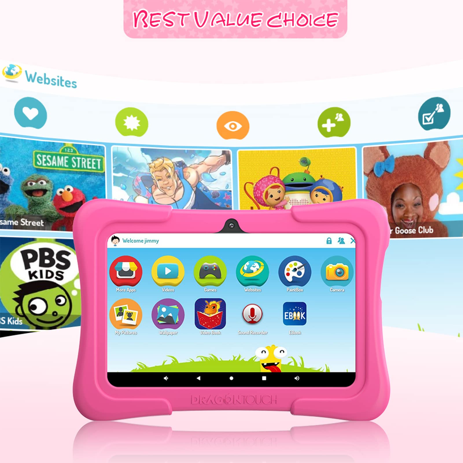 Dragon Touch Y88X Pro 7 inch Kids Tablets, 2GB RAM 16GB ROM, Android 9.0 pie Tablet, Kidoz Pre-Installed with Kid-Proof Case (Pink)