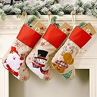 3 Pack Christmas Stockings Burlap Embroidery Family Large Stocking for Fireplace Hanging Holiday Decorations