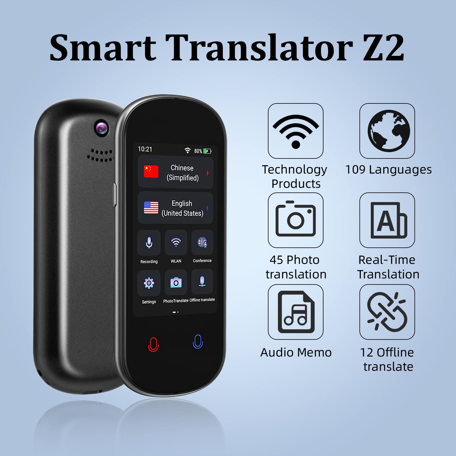 Instant Language Translator Device, Two-Way Smart Voice and Photo Pocket Translator Real Time, 109 Languages Supported, Standy 180H, Portable Offline Translation for Business, Learning & Travel