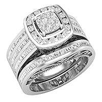 1.85 Carat (ctw) Baguette & Round White Diamond Cushion Framed Filigree Engagement Ring Set in 925 Sterling Silver