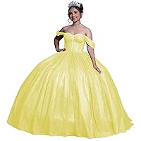 Sparkly Tulle Quinceanera Dresses Glitter Sweetheart Puffy Sweet 16 Dresses Beaded Off Shoulder Ball Gown