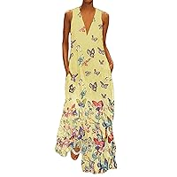 Andongnywell Women Loose Summer Dress Sleeveless V Neck Maxi Dress Butterfly Print Bohemian Dress Oversize Long Dresses