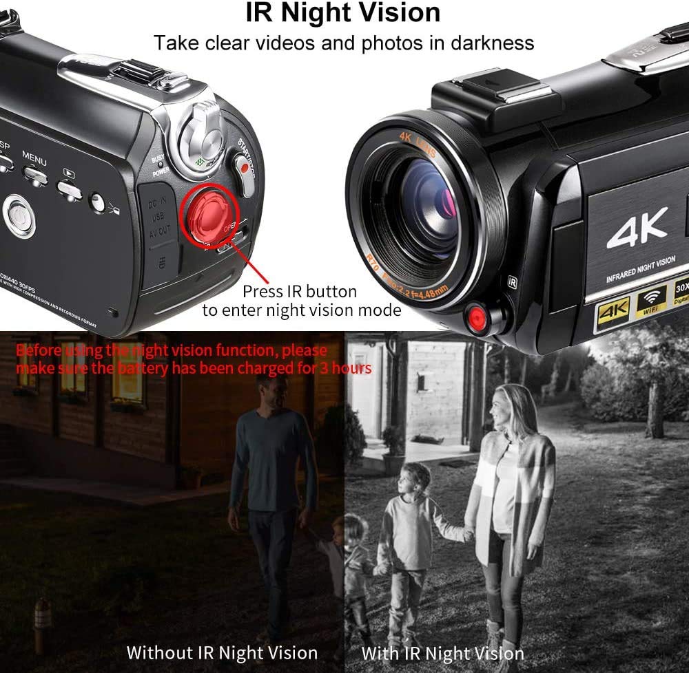 ORDRO 4K Camcorder Video HD 1080P 60FPS Vlog Camera Recorder IR Night Vision and WiFi Camcorder with Microphone, Wide Angle Lens, Camera Handle