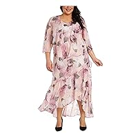R&M Richards Womens Pink Sheer Open Front Jacket 3/4 Sleeves Floral Sleeveless V Neck Maxi Party Hi-Lo Dress Plus 22W