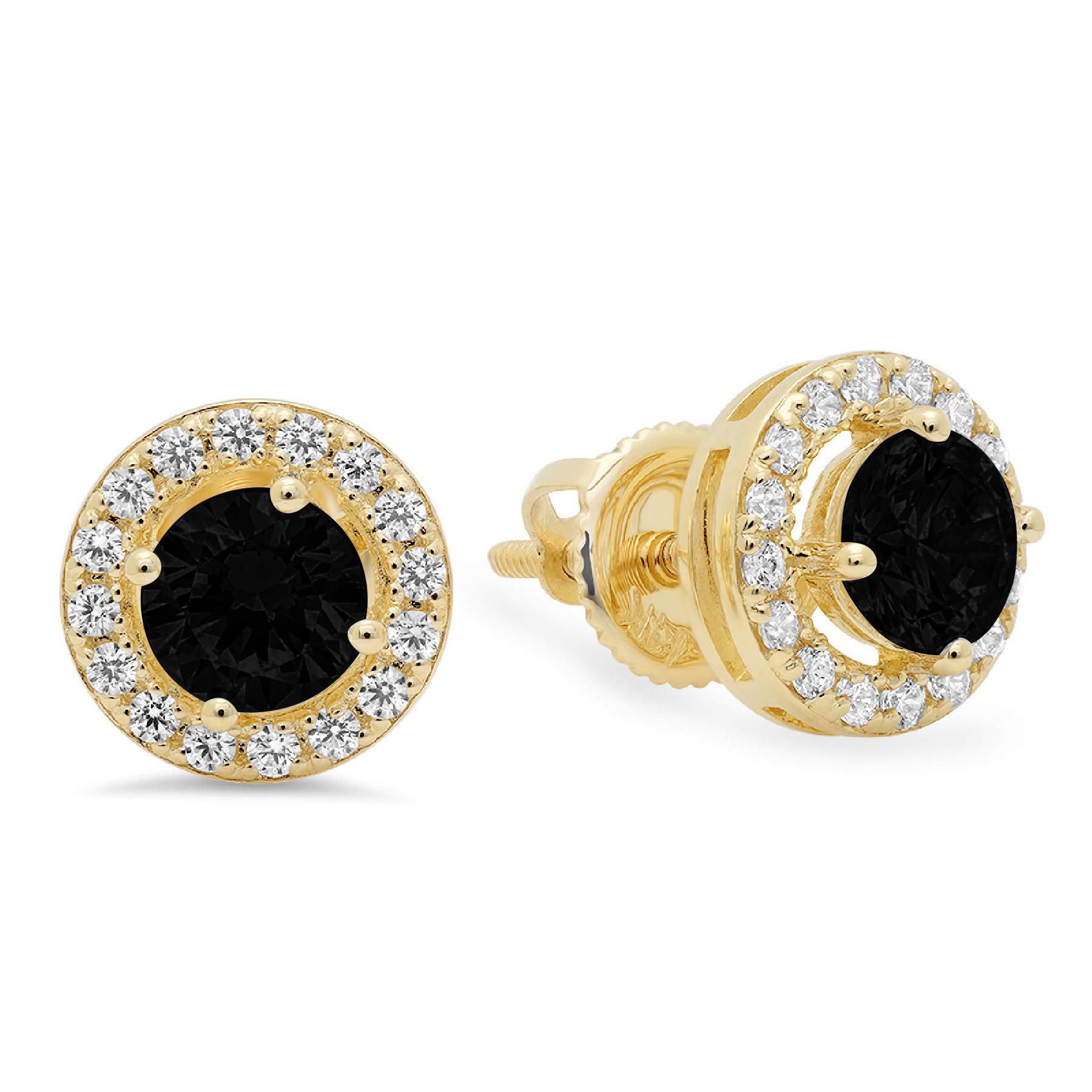 1.60 ct Brilliant Round Cut Halo Solitaire Flawless Genuine Natural Black Onyx Gemstone VVS1 Ideal Pair of Solitaire Stud Screw Back Designer Earrings Solid 14k Yellow Gold