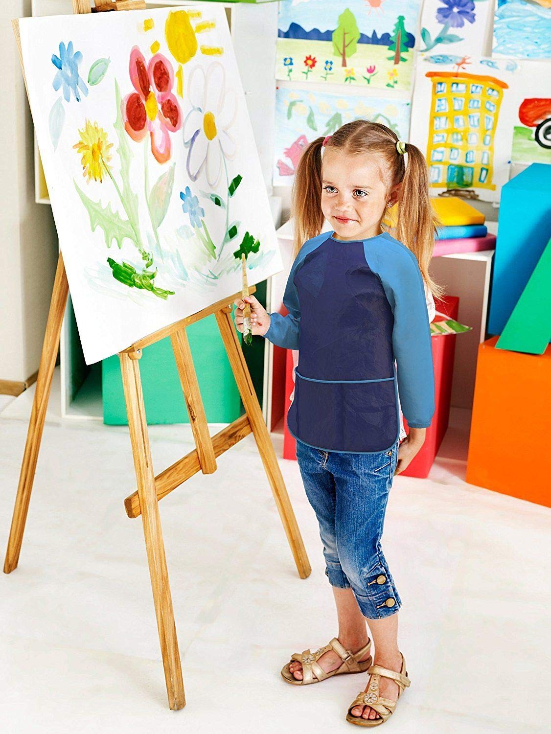 Kids Art Smocks Pack of 2 - Children Artist Painting Aprons Waterproof and Long Sleeve with 3 Roomy Pockets for Boys and Girls Age 2-6 Years Old