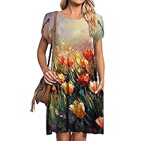 Dresses For Women 2024, Womens T-Shirt Petal Sleeve Printed With Pockets Floral Sets 2 Piece Outfits dress, S, 3XL
