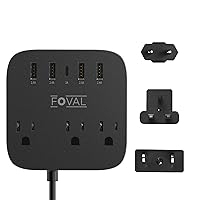 European Travel Plug Adapter, FOVAL EU UK US Power Strip with USB C and 4 USB Ports, 3 AC Outlets, Wall Mountable, 5ft Extension Cord, Compact for Travel, Cruise Ship, Home Office (Black)