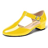 Women's Buckle Cute Office T Strap Patent Round Toe Cut Out Chunky Low Heel Pumps Shoes 1.5 Inch