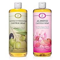 Carolina Castile Soap Unscented and Almond Castile Soap Liquid Bundle - 32 oz Vegan & Pure Organic Concentrated Non Drying All Natural Formula Body Wash & Shampoo