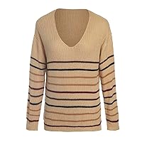 Women's Casual Striped Sweater, V-Neck, Long Sleeves, Ribbed Knit, Loose Fit Top
