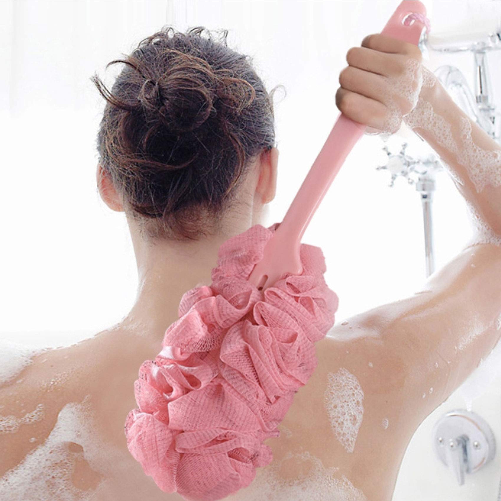 Nutteri 3 Pack Back Scrubber Long Handled Bath Brush Soft Mesh Sponge Exfoliating Body Scrub Back Cleaner Loofah Bathroom Shower Accessories for Women and Men (Pink)