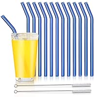 Reusable Glass Straws, Reusable Bent Glass Drinking Straws with 2 Cleaning Brushes, Reusable Straws for Smoothies, Milkshakes, Juice(Blue, 12 Pack)