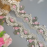Beieg Pink Polyester Floral Lace Trimming Ribbon Flower Embroidered Lace Ribbon Applique for Sewing, Wedding Dress, Clothes Decoration,Christmas Decoration, 2 Yards, 2.36 Inch (Beige)