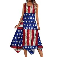 American Flag Dresses for Women Casual Fashion Round Neck Sleeveless Independence Day Print Irregular Hem Dress