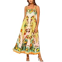 Women Boho Maxi Cami Dress Graffiti Spaghetti Strap Sleeveless Causal Loose Flowy Dress Summer Beach Sun Dress