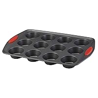 Rachael Ray Yum-o! Nonstick Bakeware 12-Cup Muffin Tin With Grips / Nonstick 12-Cup Cupcake Tin With Grips - 12 Cup, Gray with Red Grips