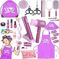 Kids Hair Salon Toys, 32 PCS Barber Playset Pretend Play Make Up and Styling Toy Set for Girls 3-5 with Realistic Blow Dryer, Hair Straightener Barber Costume Apron, Scissors and Stylist Accessories