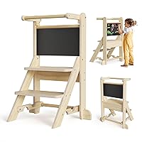 Foldable Kitchen Step Stool for Kids - with Safety Rail & Chalkboard, Anti-Slip Feet Kitchen Stool Tower for Counter, Kitchen, Bathroom (Natural Basswood)