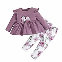 Girls Spring and Autumn Skirt Suit Little Girl Casual Long Sleeved Lace Skirt + Flower Trousers (Purple, 2-3Years)