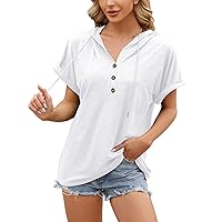 Women's 3/4 Sleeve Tops Summer Fashion Solid Color Loose Hooded Button Drawstring Short T-Shirt Top, S-2XL