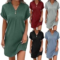 Ladies Spring and Autumn V Neck Solid Color Dress Pullover Casual Button Dress Short Sleeve Simple Midi Dresses for Work