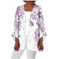 Womens Floral Print 3/4 Sleeve Kimono Cardigan Swimsuit Coverups 2024 Summer Beach Casual Loose Cover Up Cardigan