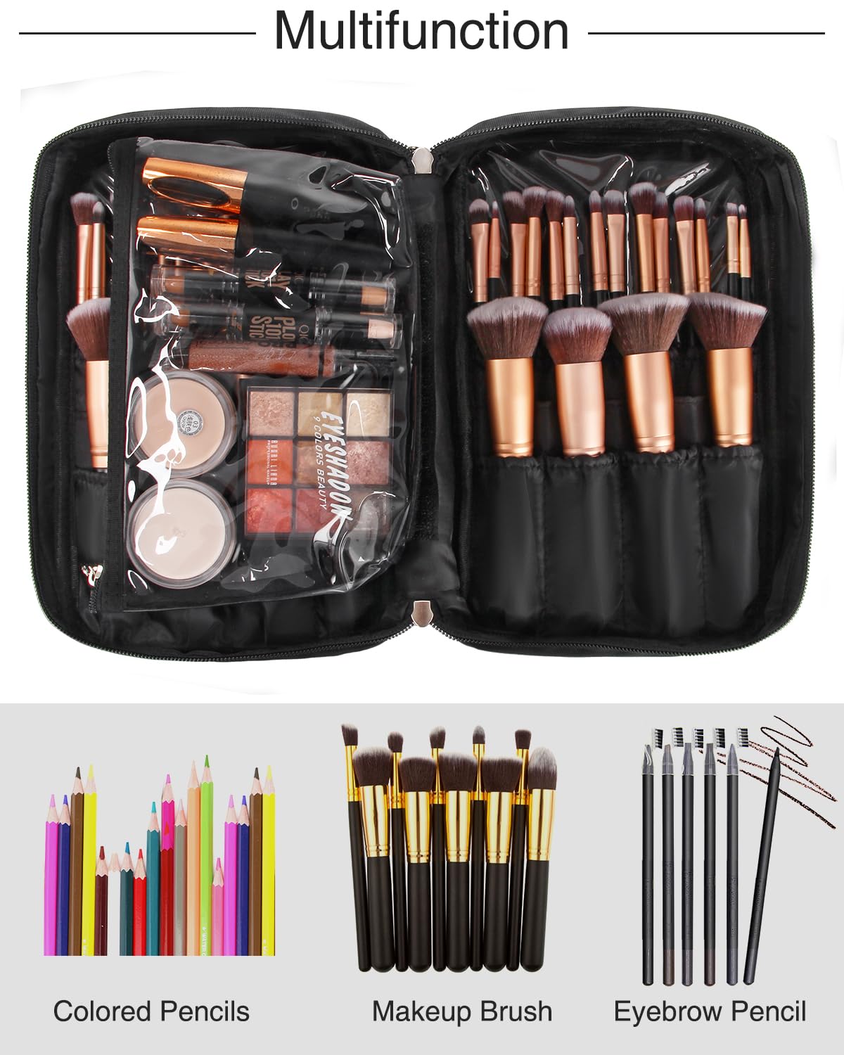 Makeup Brush Bag, Makeup Brush Organizer Cosmetic Bags Makeup Artist Case with Belt Strap Holder Multi functional Cosmetic Bag Makeup Handbag for Travel & Home Gift (Black)