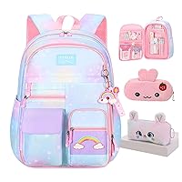 Rainbow Backpack For Girls Kids,Cute Student School Backpack With Pen Bag,Blue Aesthetic Starry Rainbow Laptop Travel Bag (Blue Medium 16.5in
