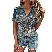 Summer Oversized Classic Tunic Women Seaside Short Sleeve Fitted Comfortable Womans Button Down Printed V Green XL