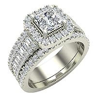 14K Solid Gold Princess Cushion Halo Diamond Wedding Ring Set (G,I1)