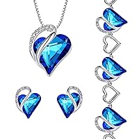 Leafael Infinity Love Heart Necklace, Stud Earrings, and Bracelet for Women, September Birthstone Crystal Jewelry, Silver Tone Gifts for Women, Rainbow Sapphire Blue