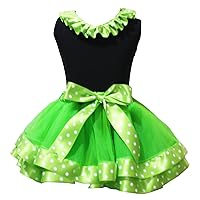 St Patrick Day Dress Polka Dots Lacing Black Shirt Green Petal Skirt Set 1-8y