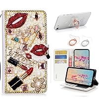 STENES Bling Wallet Phone Case Compatible with Samsung Galaxy Z Fold 3 5G Case - Stylish - 3D Handmade Lipstick Girls High Heel Flowers Leather Cover with Ring Stand Holder [2 Pack] - Red