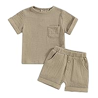 Toddler Baby Boy Linen Outfit Short Sleeve Pocket T-shirt Top and Rolled Shorts Summer Clothes Set