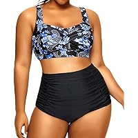 Daci Women Plus Size High Waisted Bikini Two Piece Tummy Control Swimsuits Twist Front Retro Bathing Suits with Ruched Bottom