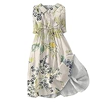 Summer Dresses for Women 2024 Spring Boho Floral Lapel Neck Button A-Line Lace-Up Dress Vacation Beach Flowy Long Dress