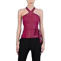 BCBGMAXAZRIA Women's Fitted Peplum Faux Leather Top Criss Cross Halter Neck Detachable Belt Shirt