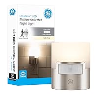 GE LED Motion Sensor Night Light, Plug into wall, 40 Lumens, Soft White, UL-Certified, Energy Efficient, Ideal Nightlight for Bedroom, Bathroom, Kitchen, Hallway, 30815, Brushed Nickel, 1 Pack