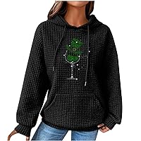 Womens 2024 St Patricks Day Drawstring Hoodie Waffle Knit Hooded Sweatshirts Casual Long Sleeve Shirts Tops With Pockets
