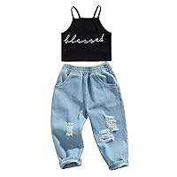 Toddler Girls Clothes Blessed Crop Tops for Girls+ Girls Jeans Pants with Pockets, 2PCS Girl Outfits Set (Black, 5-6 T)