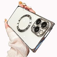 Losin Compatible with iPhone 15 Pro Max Square Case [Compatible with MagSafe] Luxury Clear Plating Magnetic Phone Case Camera Lens Protection Slim Soft Shockproof Cover for Women Girls Men, Silver